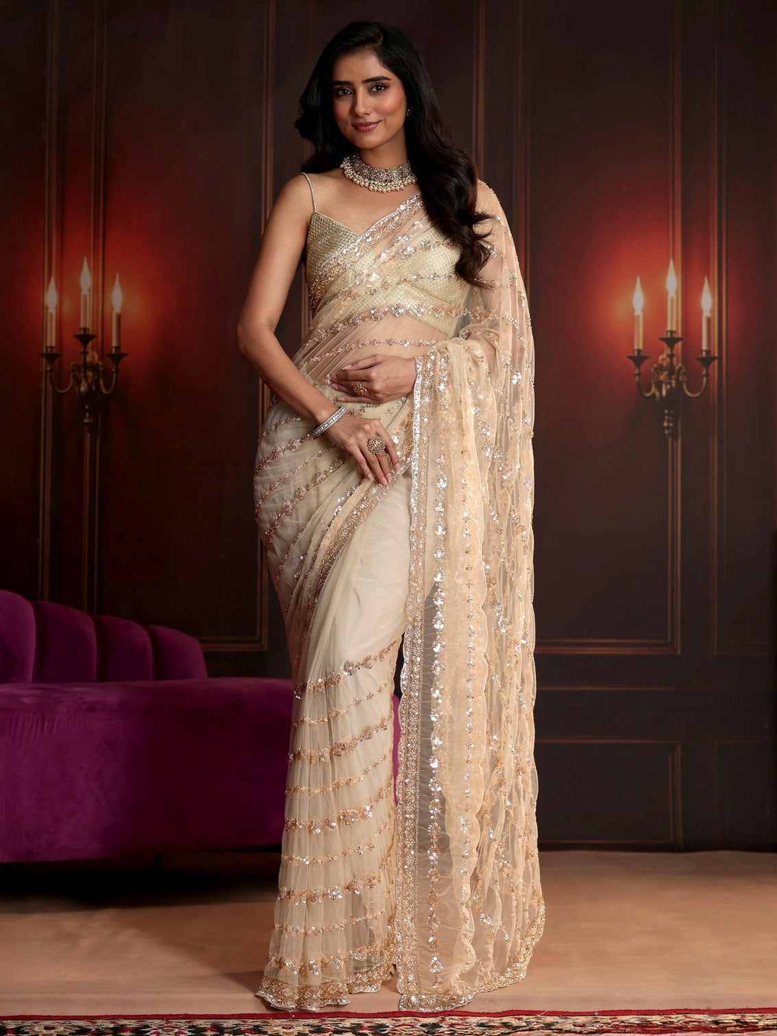 Mameraa Art Cream Embellished Net Saree