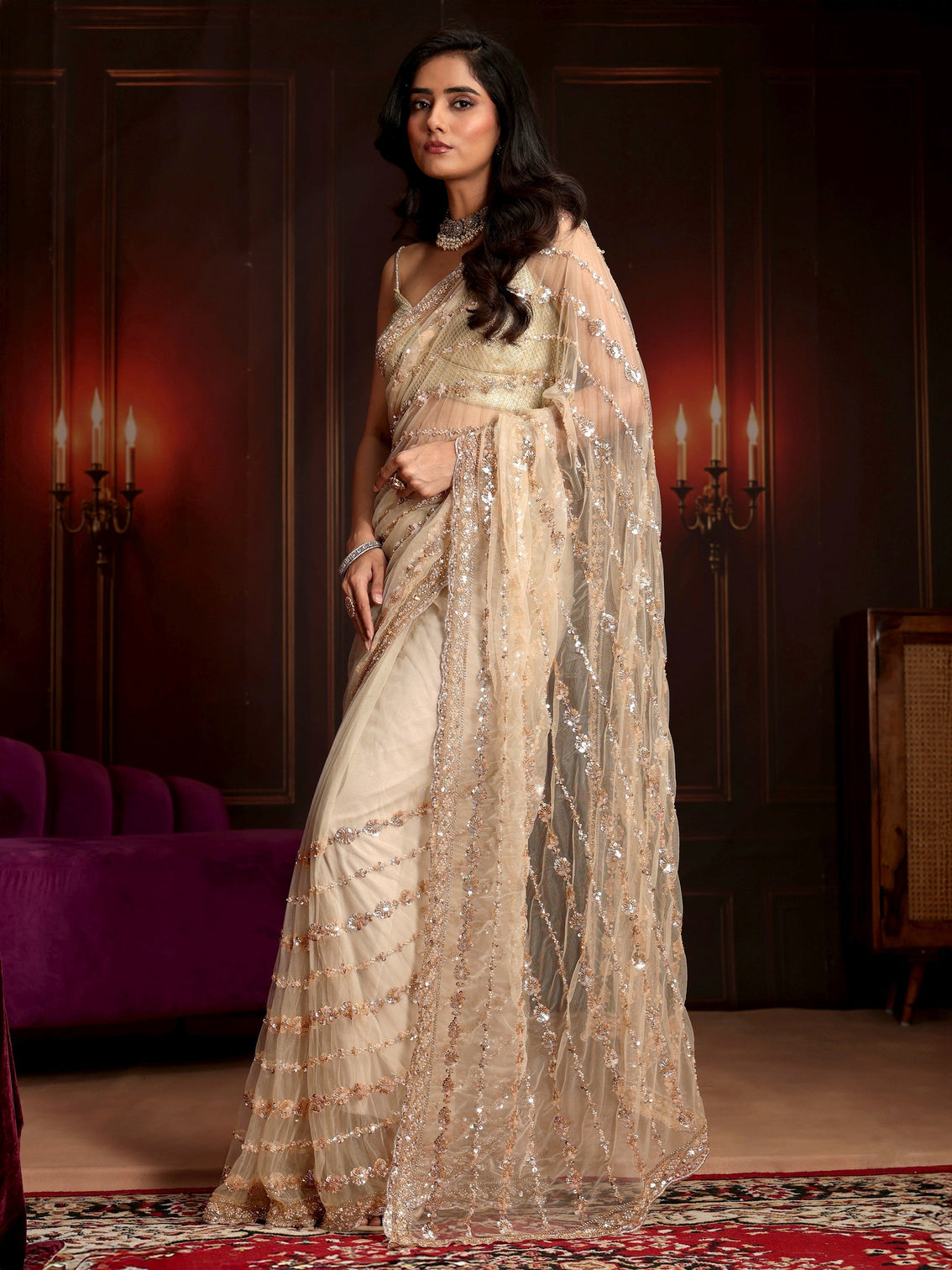Mameraa Art Cream Embellished Net Saree