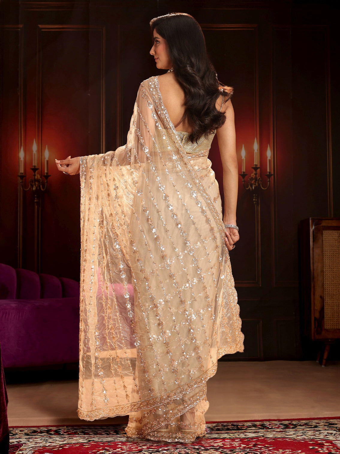 Mameraa Art Cream Embellished Net Saree