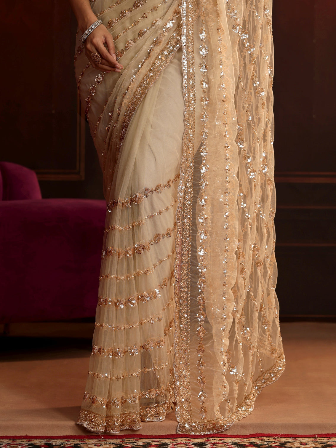 Mameraa Art Cream Embellished Net Saree