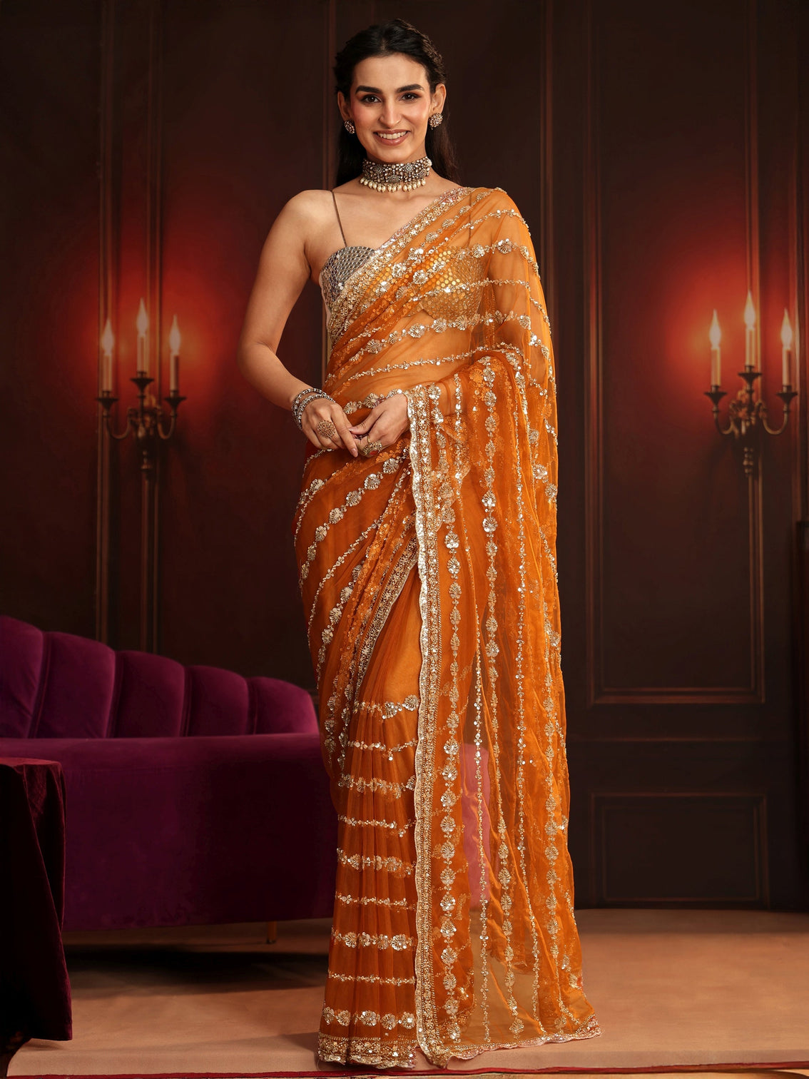 Mameraa Art Orange Embellished Net Saree