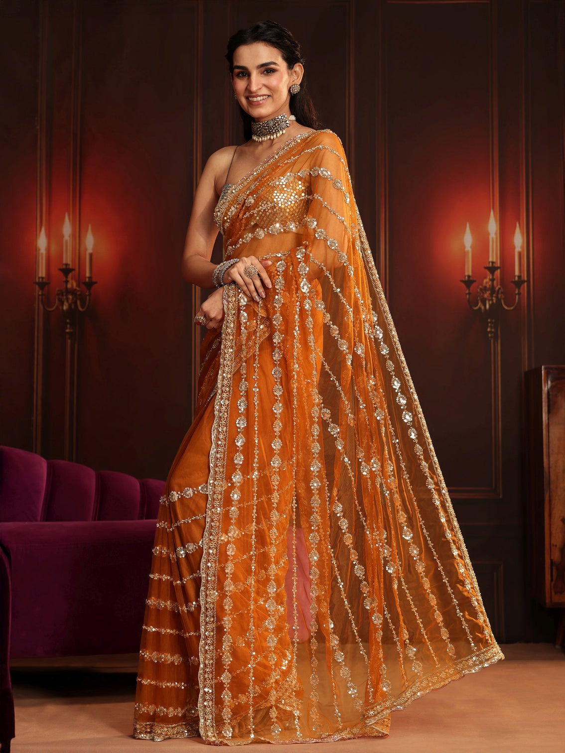Mameraa Art Orange Embellished Net Saree