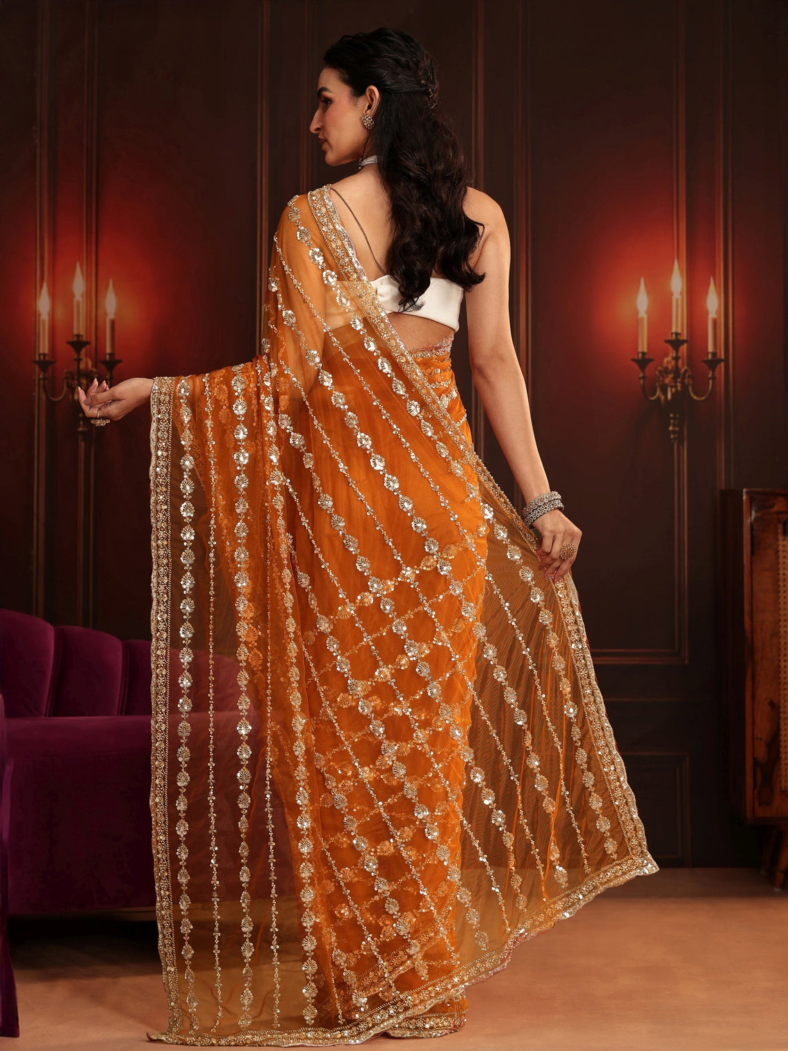 Mameraa Art Orange Embellished Net Saree