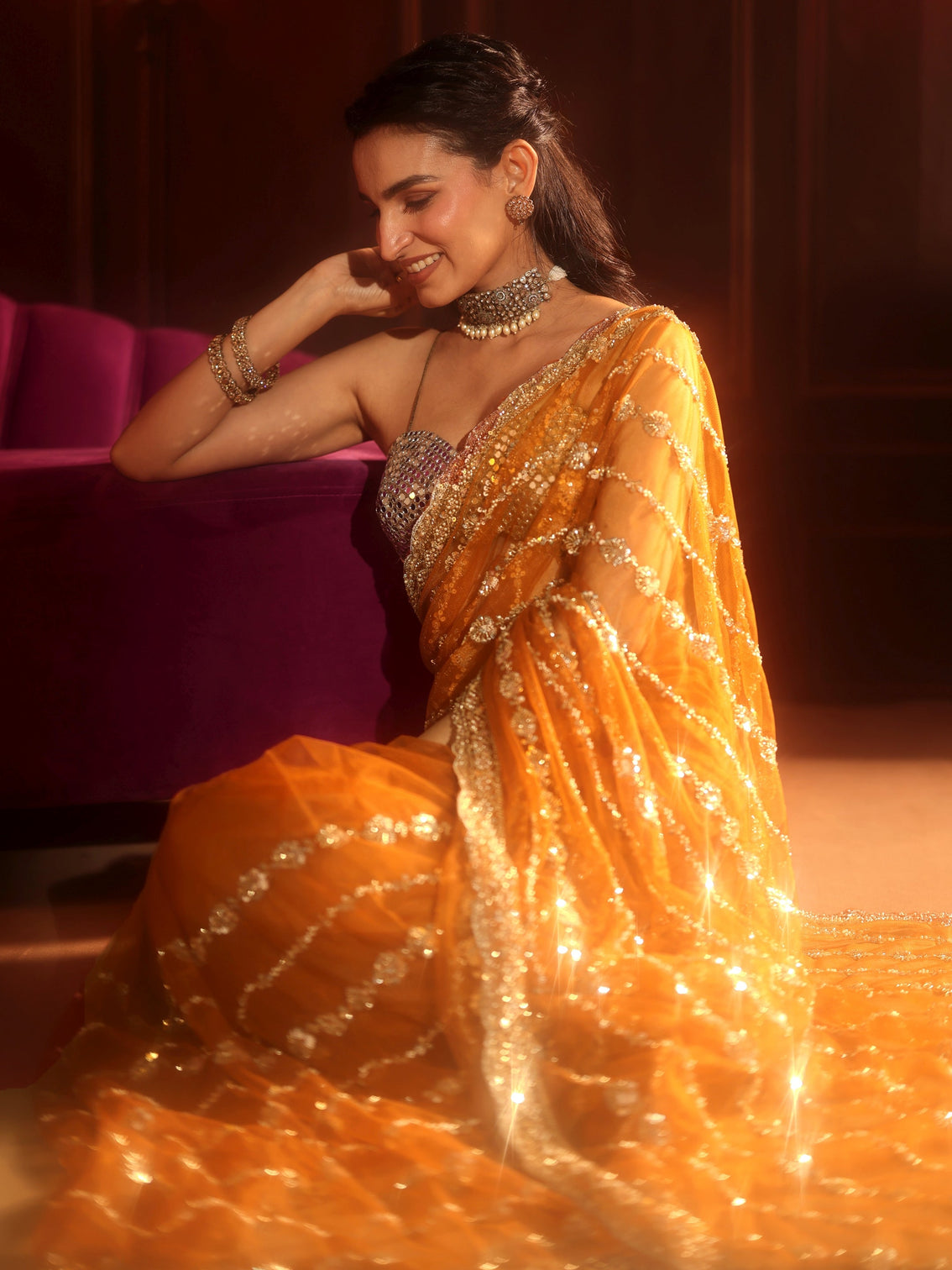 Mameraa Art Orange Embellished Net Saree