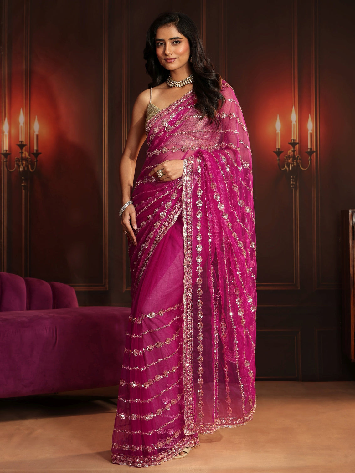 Mameraa Art Magenta Pink Embellished Net Saree