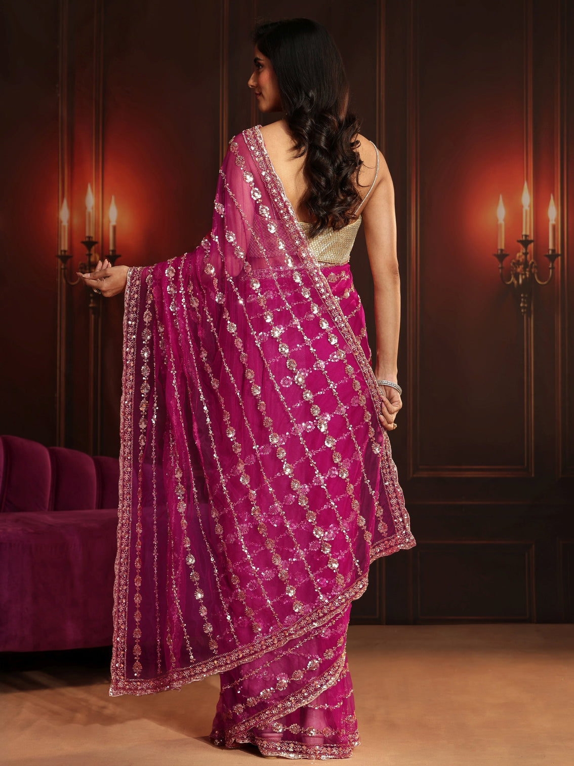 Mameraa Art Magenta Pink Embellished Net Saree