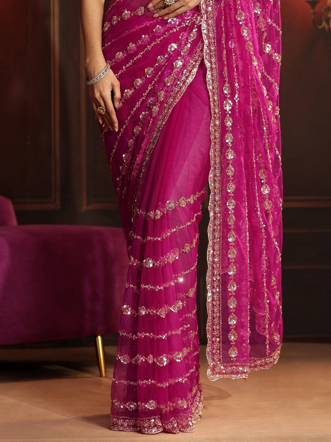 Mameraa Art Magenta Pink Embellished Net Saree