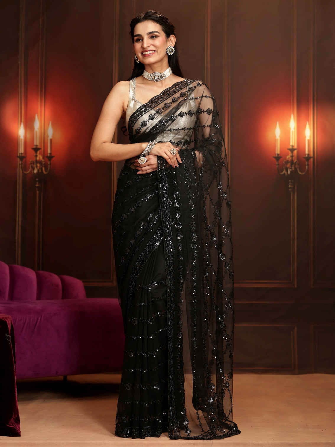 Mameraa Art Black Embellished Net Saree
