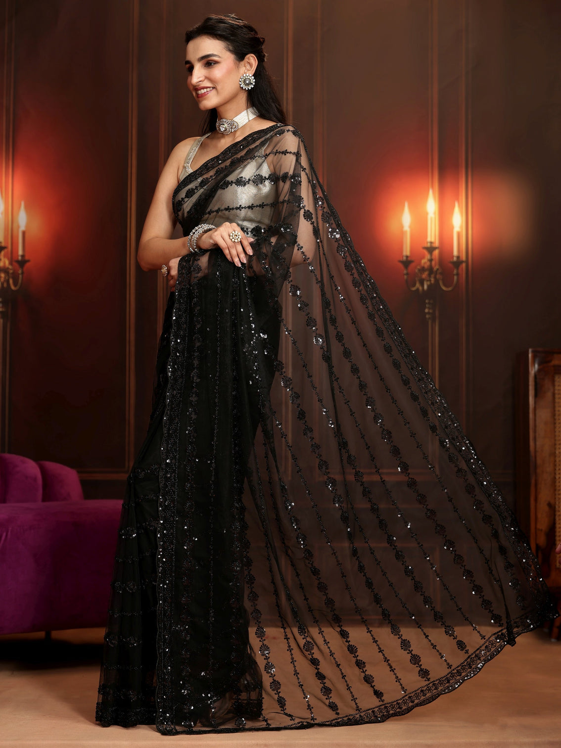 Mameraa Art Black Embellished Net Saree