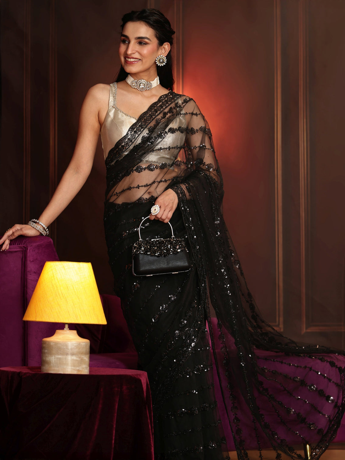 Mameraa Art Black Embellished Net Saree