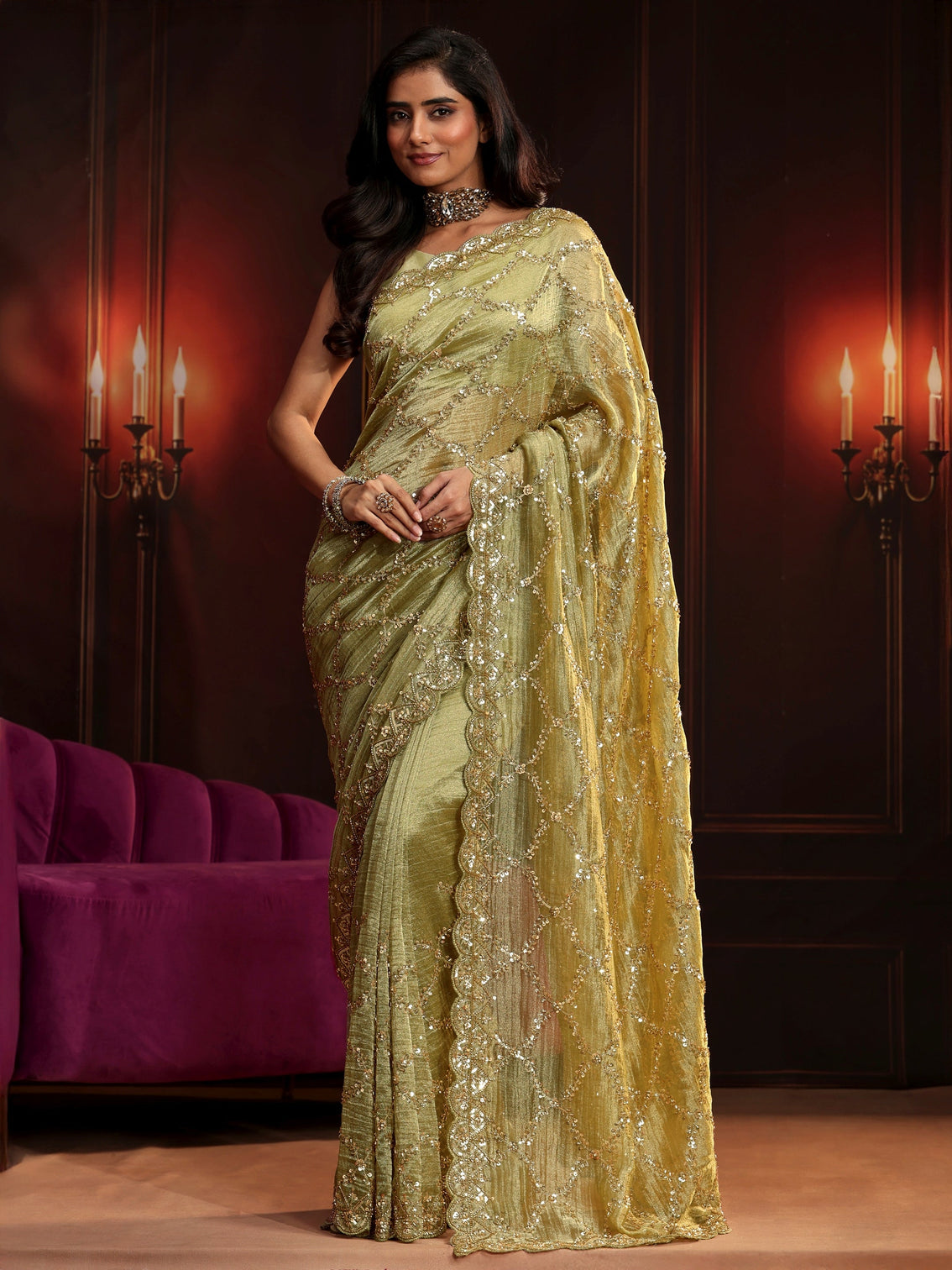 Mameraa Art Pista Green Embellished Organza Saree