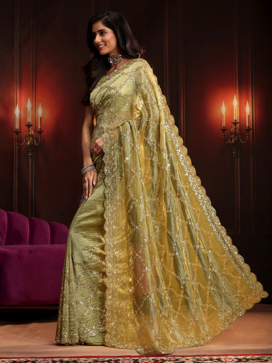 Mameraa Art Pista Green Embellished Organza Saree
