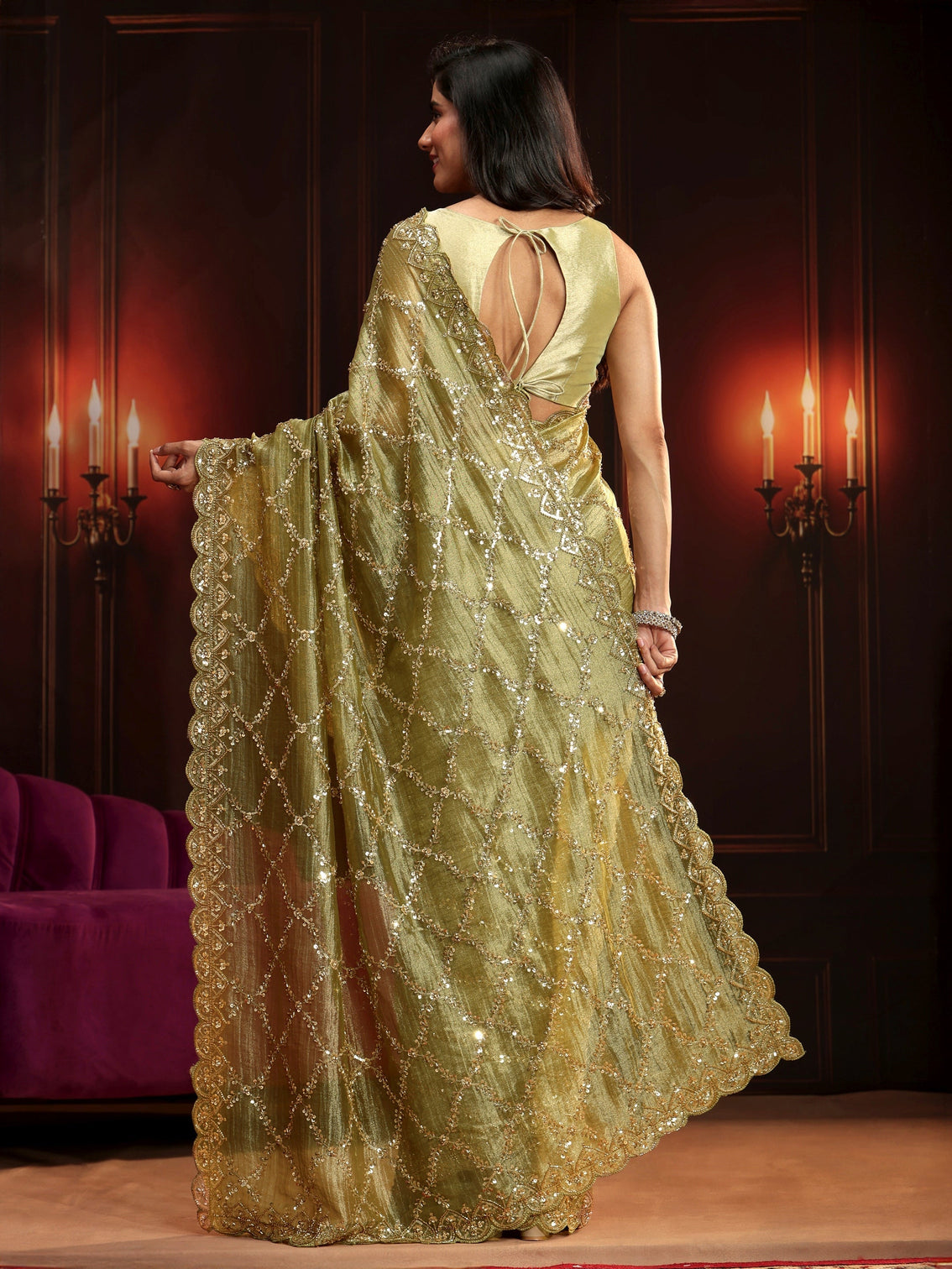 Mameraa Art Pista Green Embellished Organza Saree