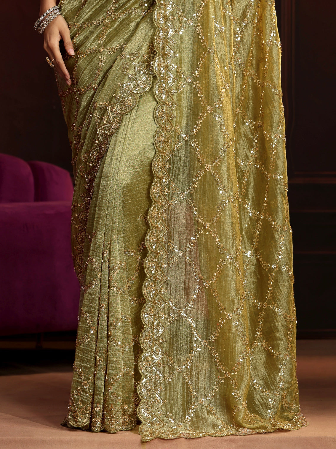 Mameraa Art Pista Green Embellished Organza Saree