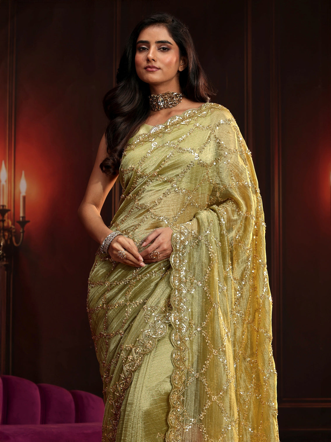 Mameraa Art Pista Green Embellished Organza Saree