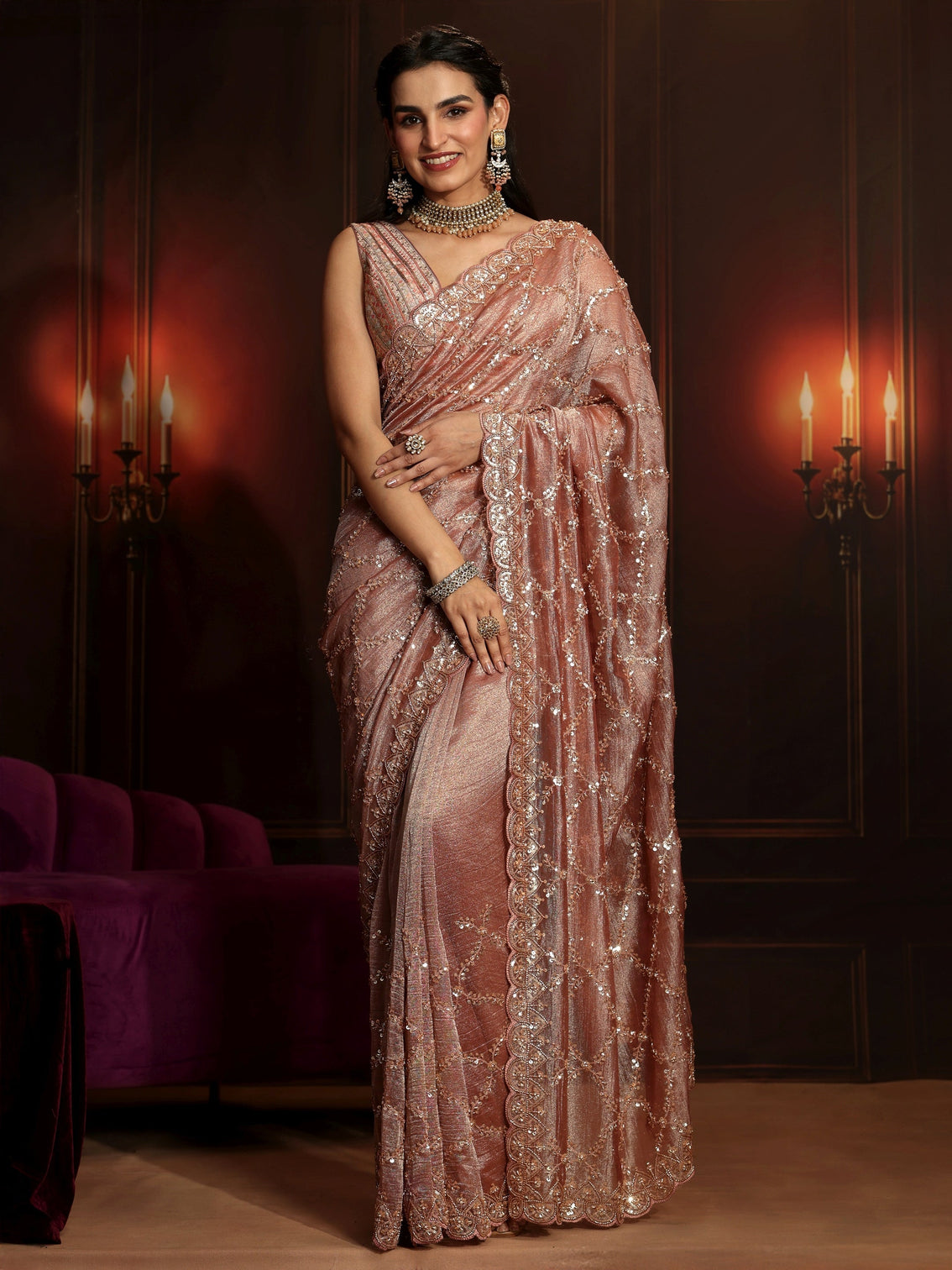Mameraa Art Peach Pink Embellished Organza Saree