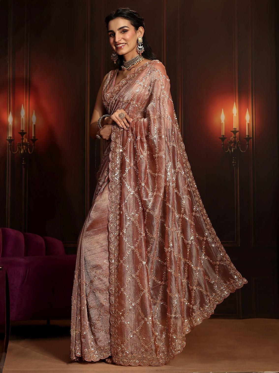 Mameraa Art Peach Pink Embellished Organza Saree