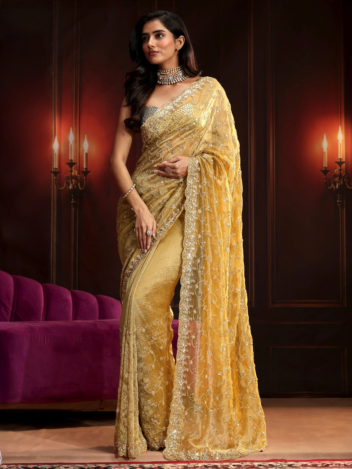 Mameraa Art Golden Embellished Organza Saree