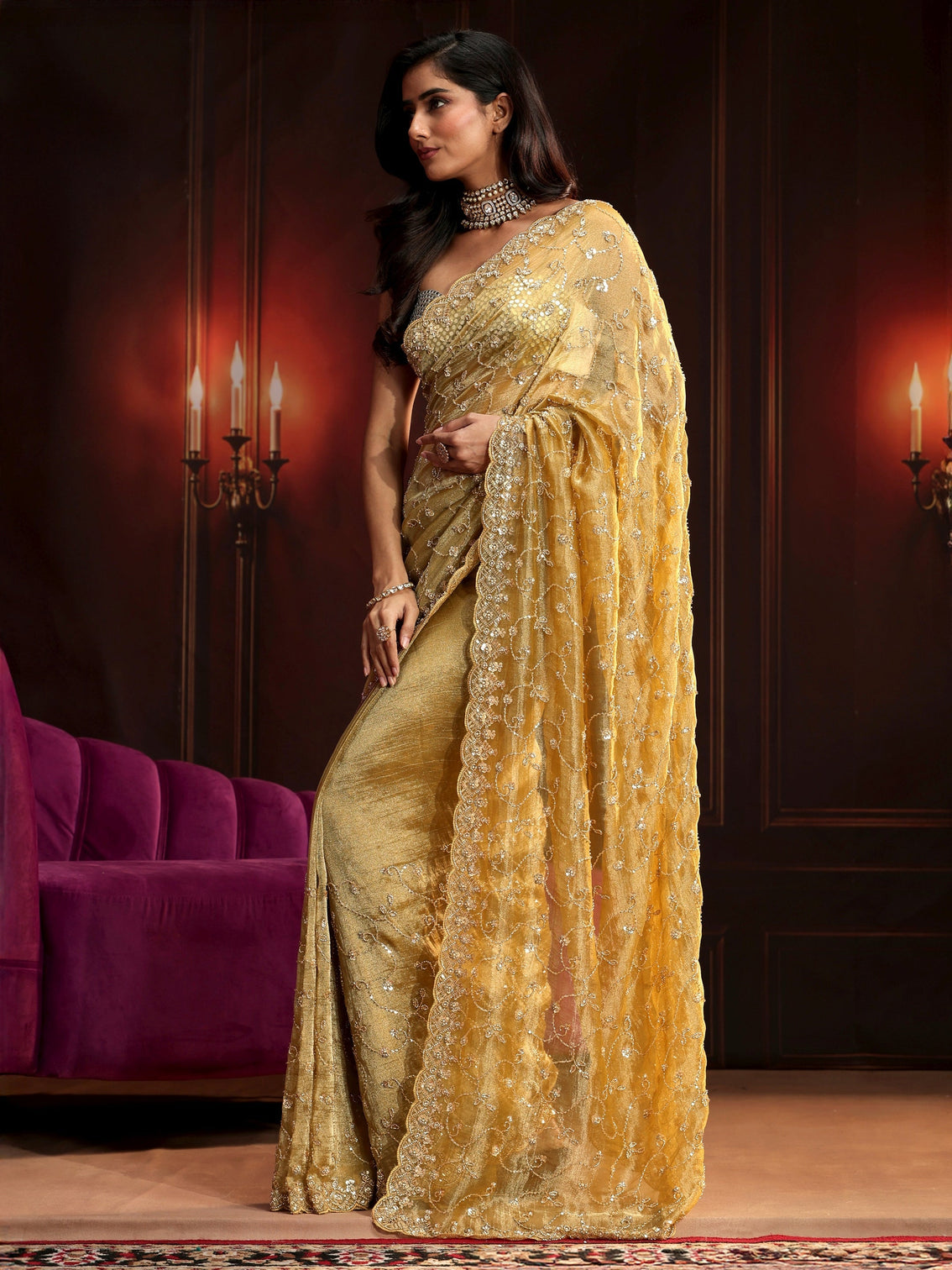 Mameraa Art Golden Embellished Organza Saree