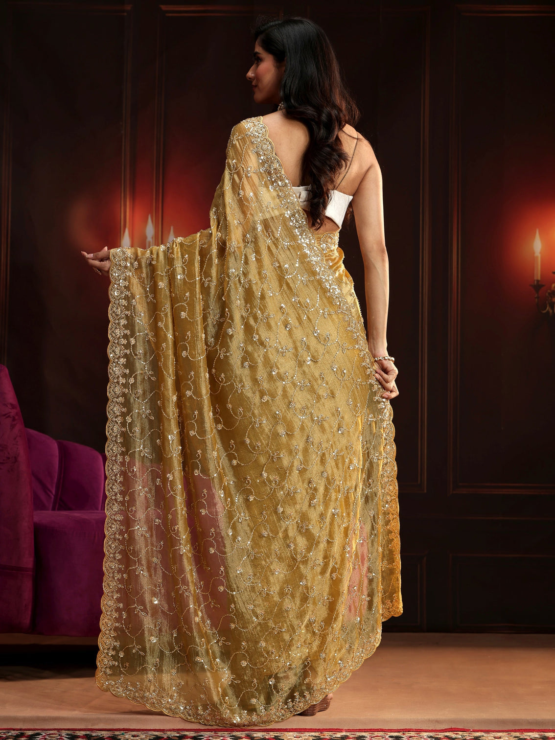 Mameraa Art Golden Embellished Organza Saree