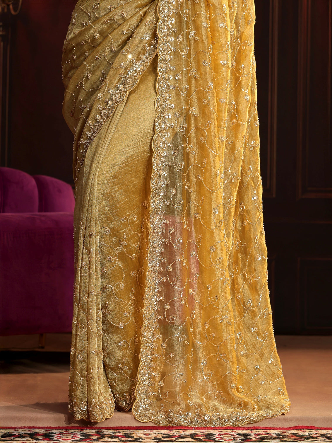 Mameraa Art Golden Embellished Organza Saree