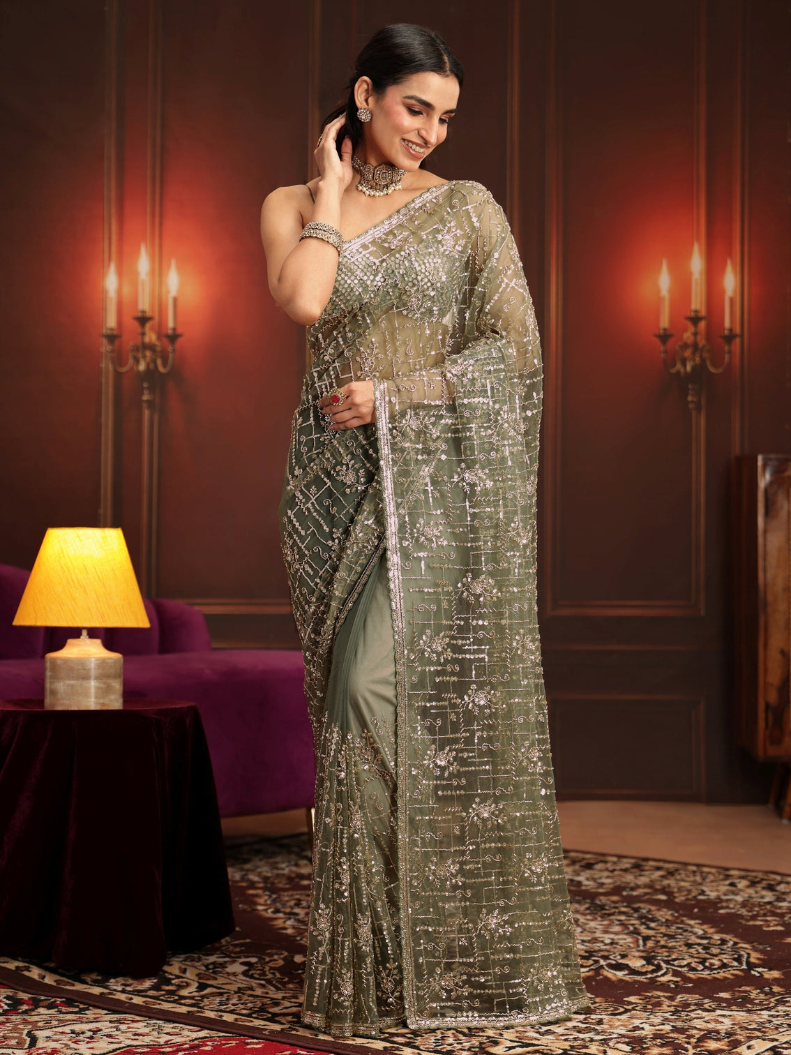 Mameraa Art Dusty Sage Green Embellished Net Saree