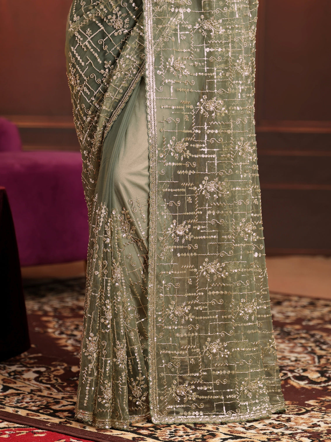Mameraa Art Dusty Sage Green Embellished Net Saree