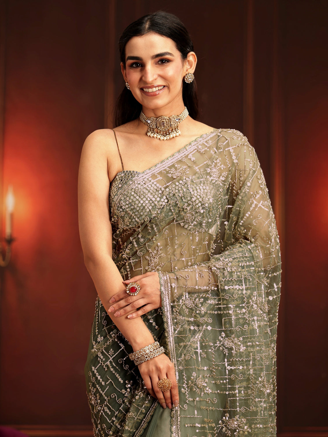 Mameraa Art Dusty Sage Green Embellished Net Saree