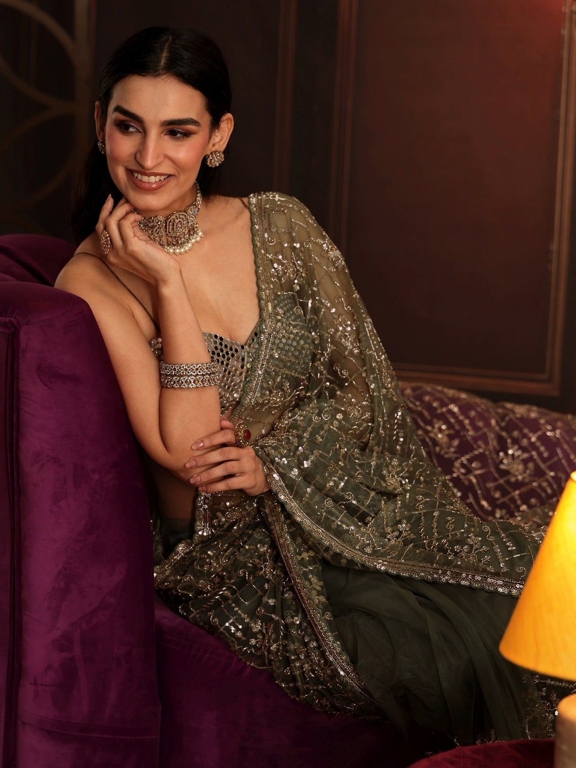 Mameraa Art Dusty Sage Green Embellished Net Saree