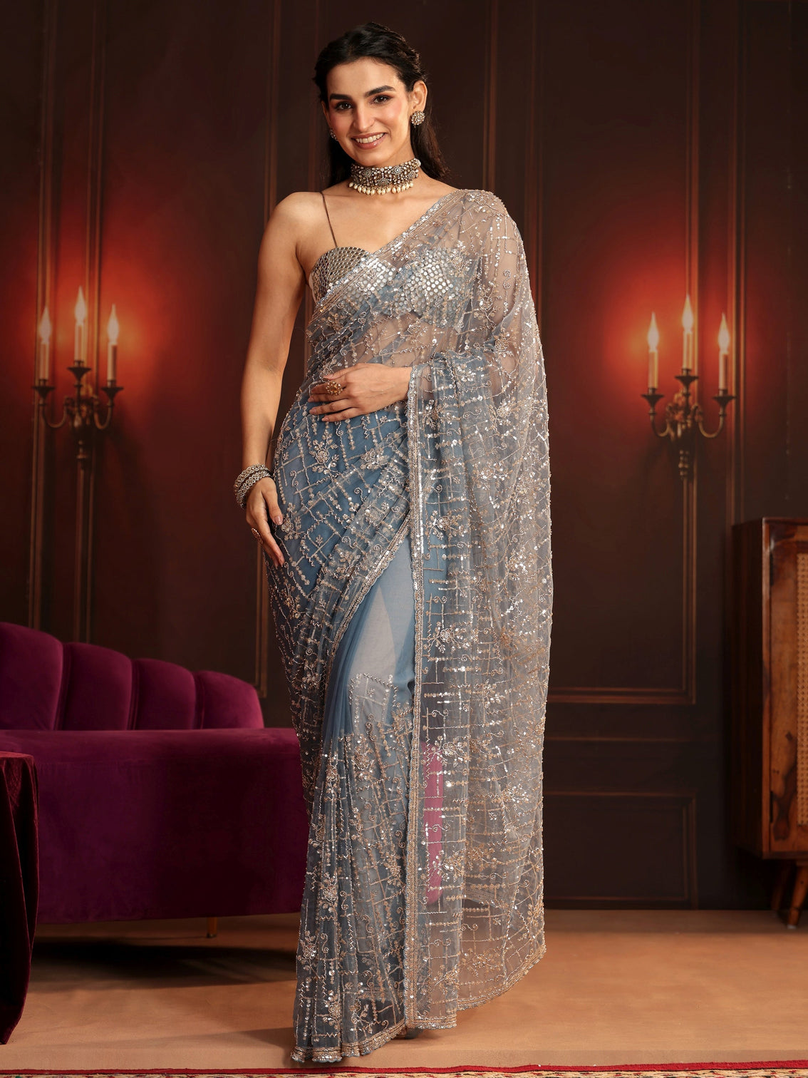 Mameraa Art Dusty Blue Embellished Net Saree