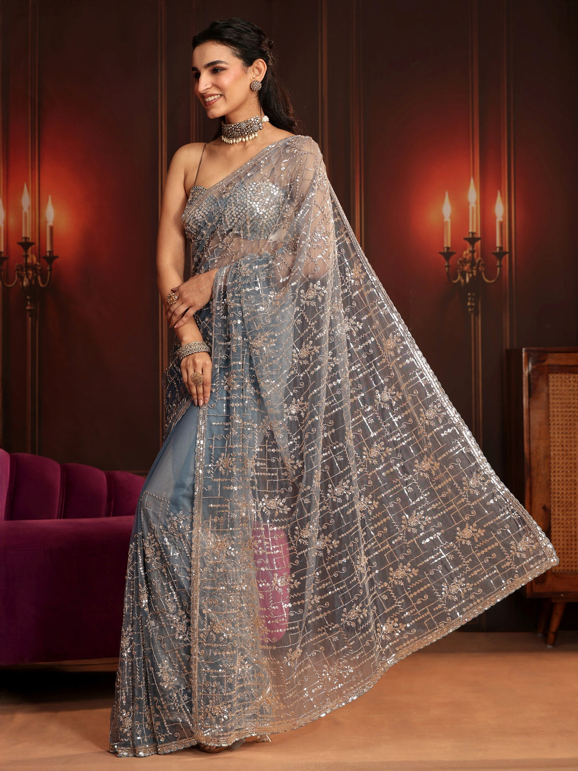 Mameraa Art Dusty Blue Embellished Net Saree