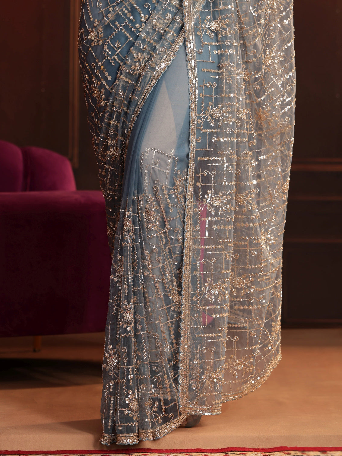 Mameraa Art Dusty Blue Embellished Net Saree