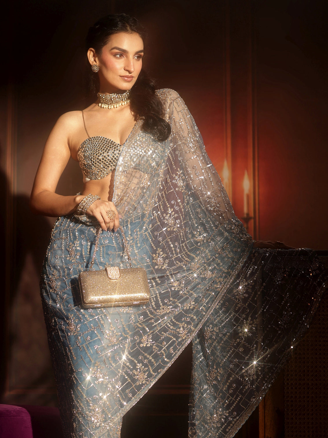Mameraa Art Dusty Blue Embellished Net Saree