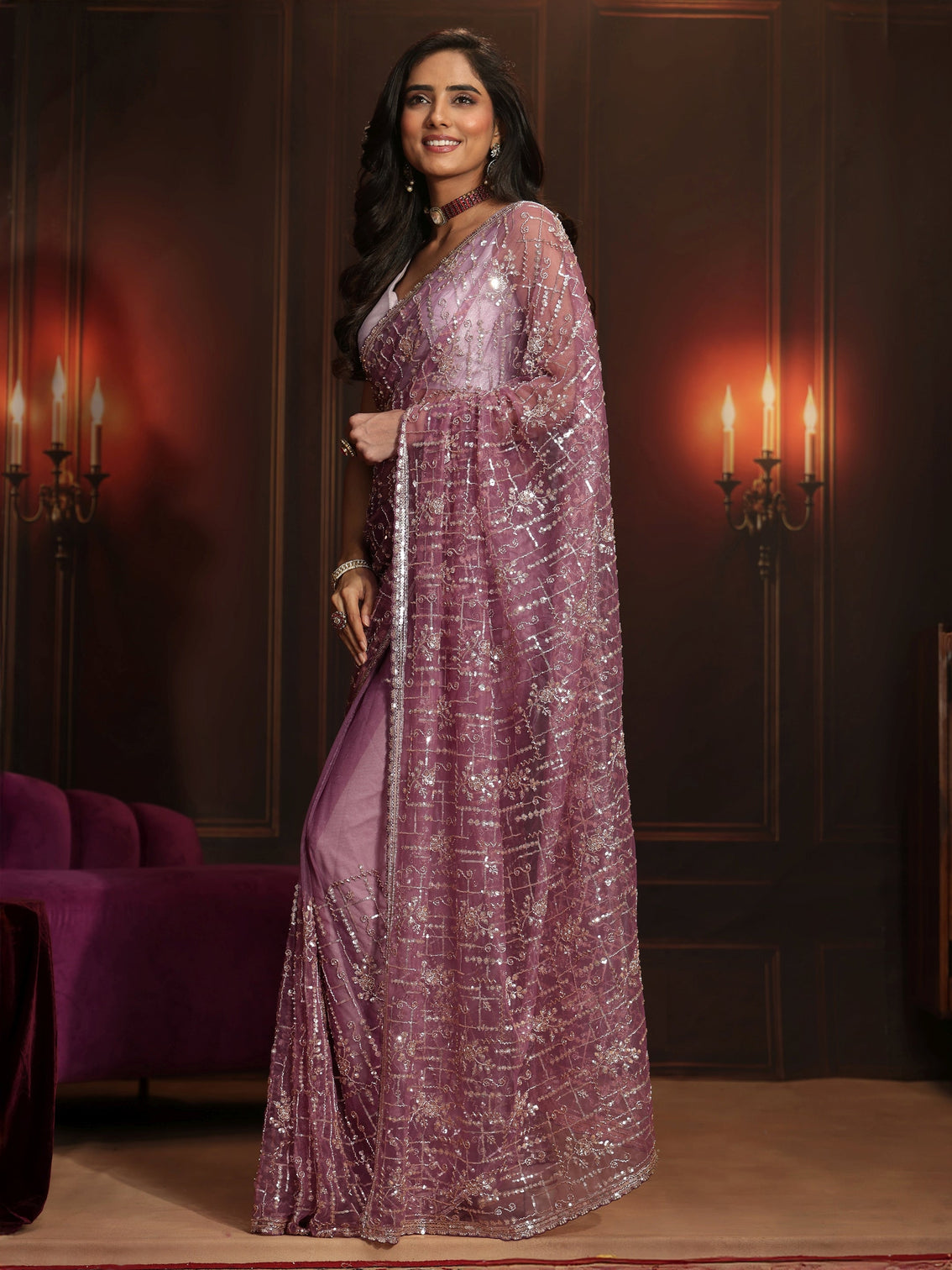 Mameraa Art Purple Embellished Net Saree