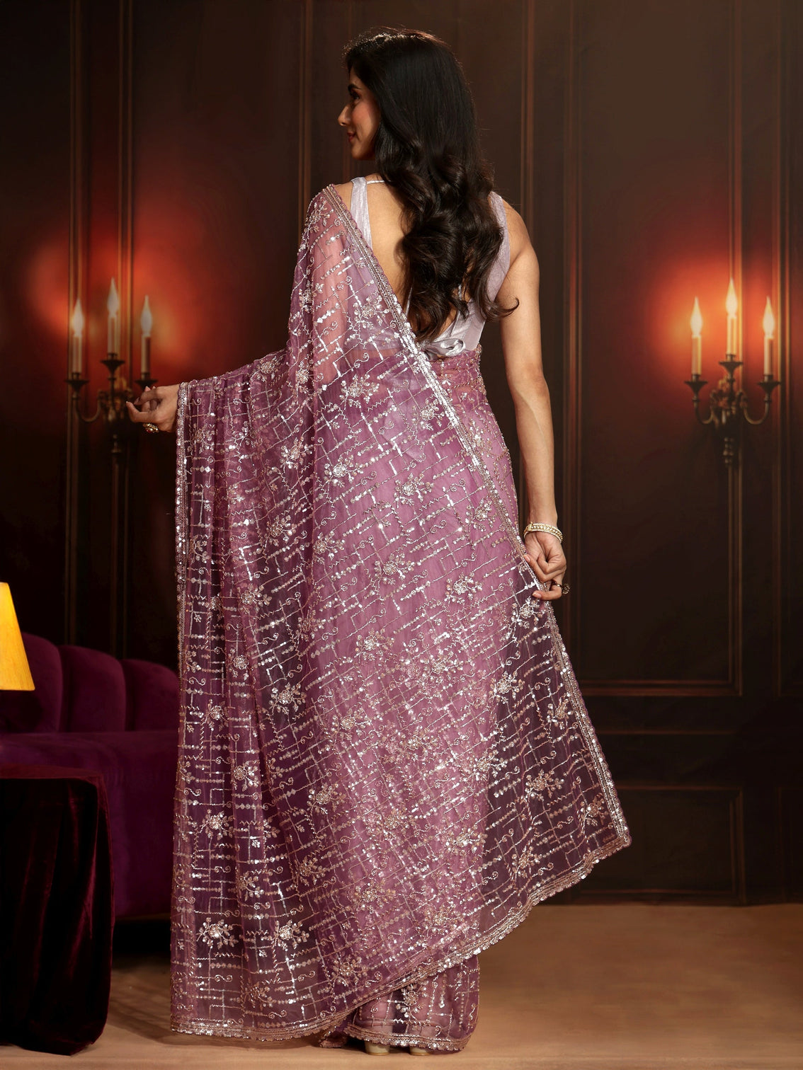 Mameraa Art Purple Embellished Net Saree