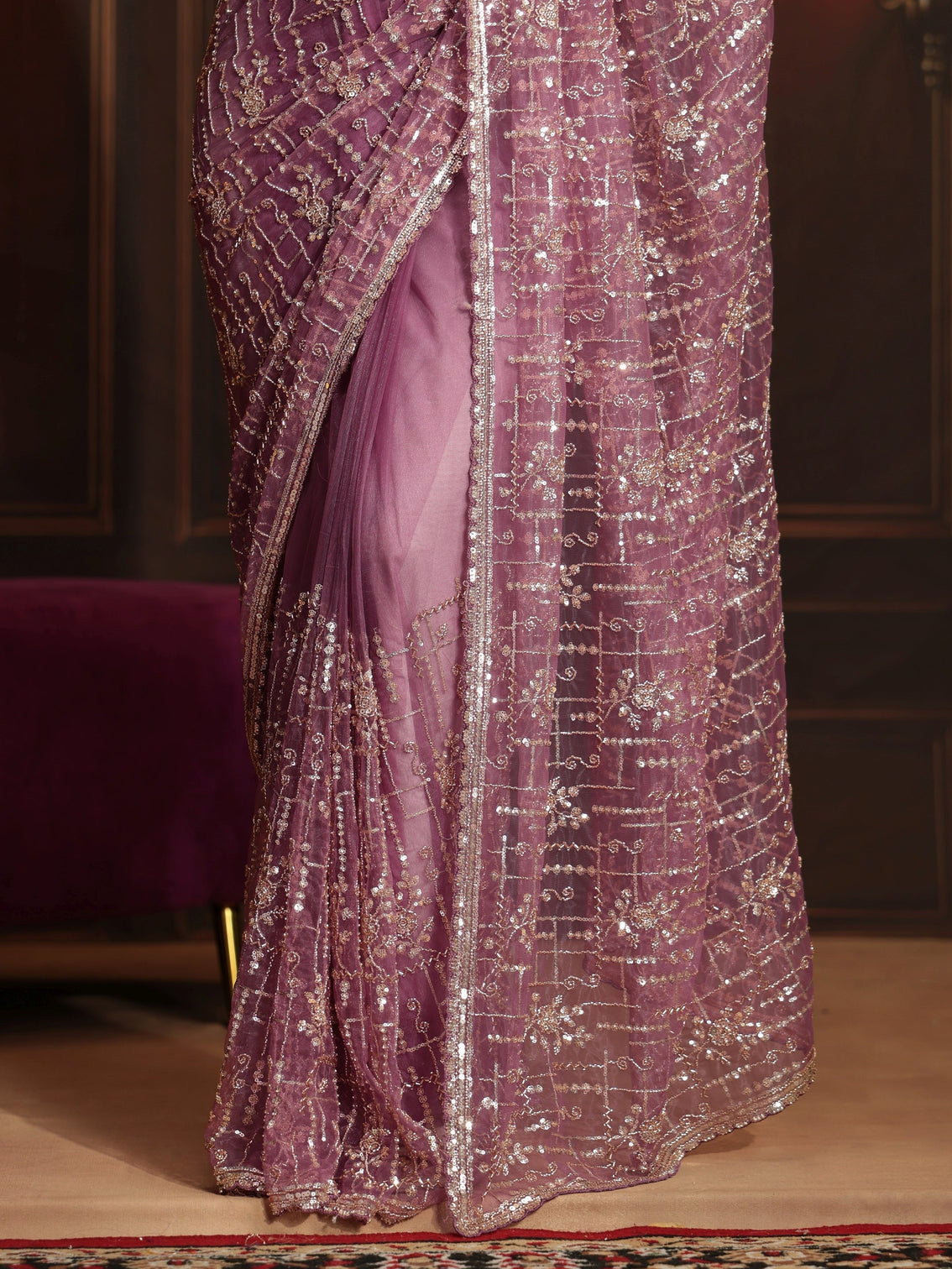 Mameraa Art Purple Embellished Net Saree