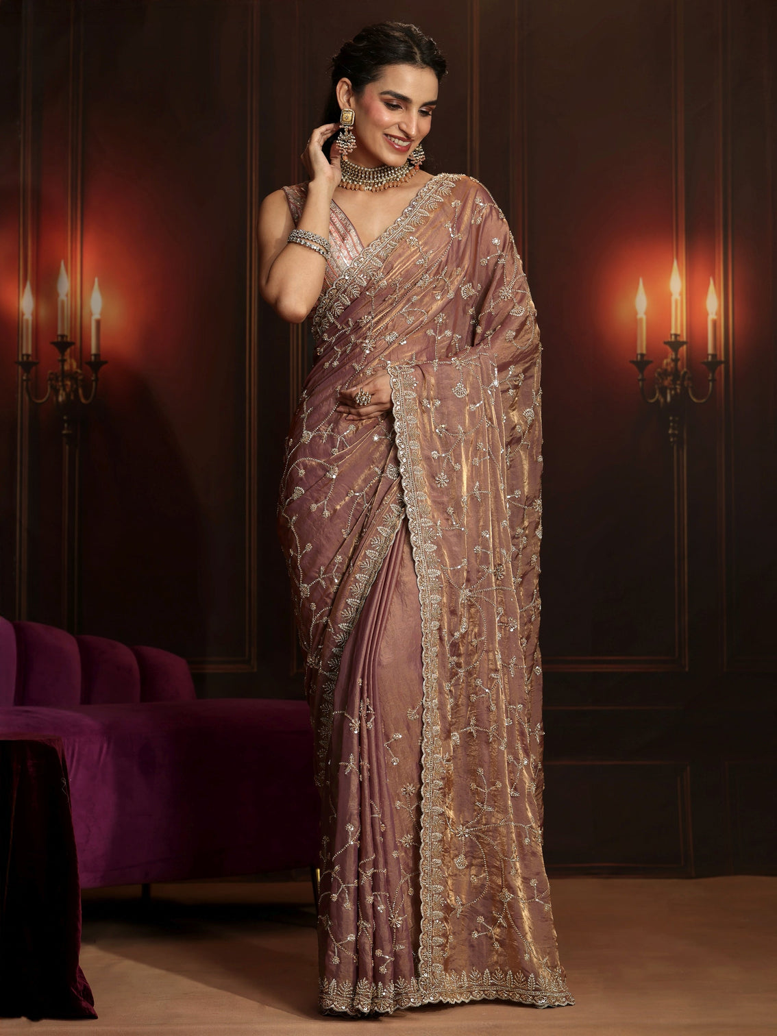 Mameraa Art Mauve Floral Embellished Tissue Saree