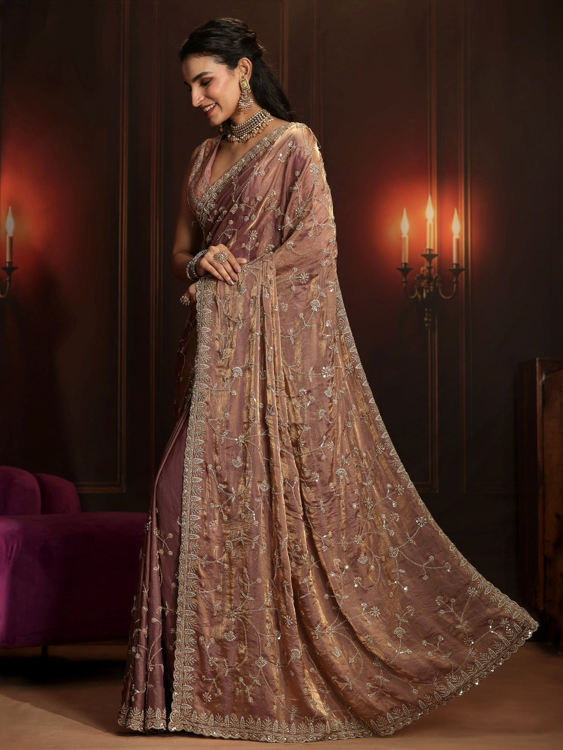 Mameraa Art Mauve Floral Embellished Tissue Saree