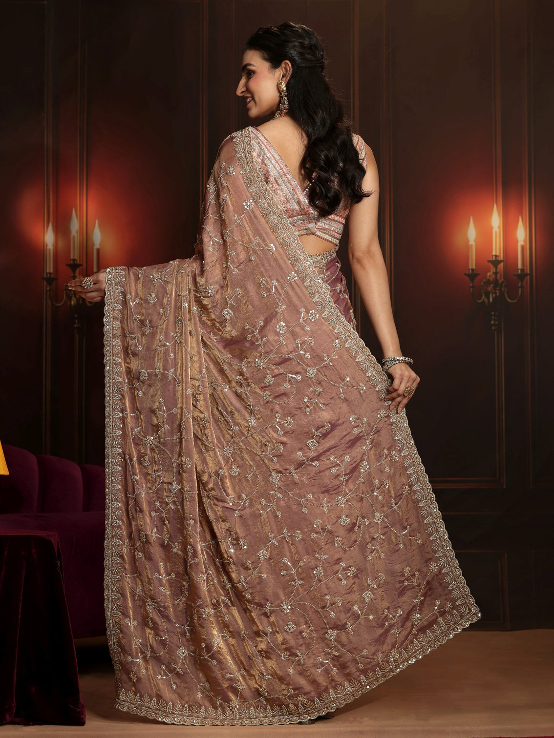 Mameraa Art Mauve Floral Embellished Tissue Saree