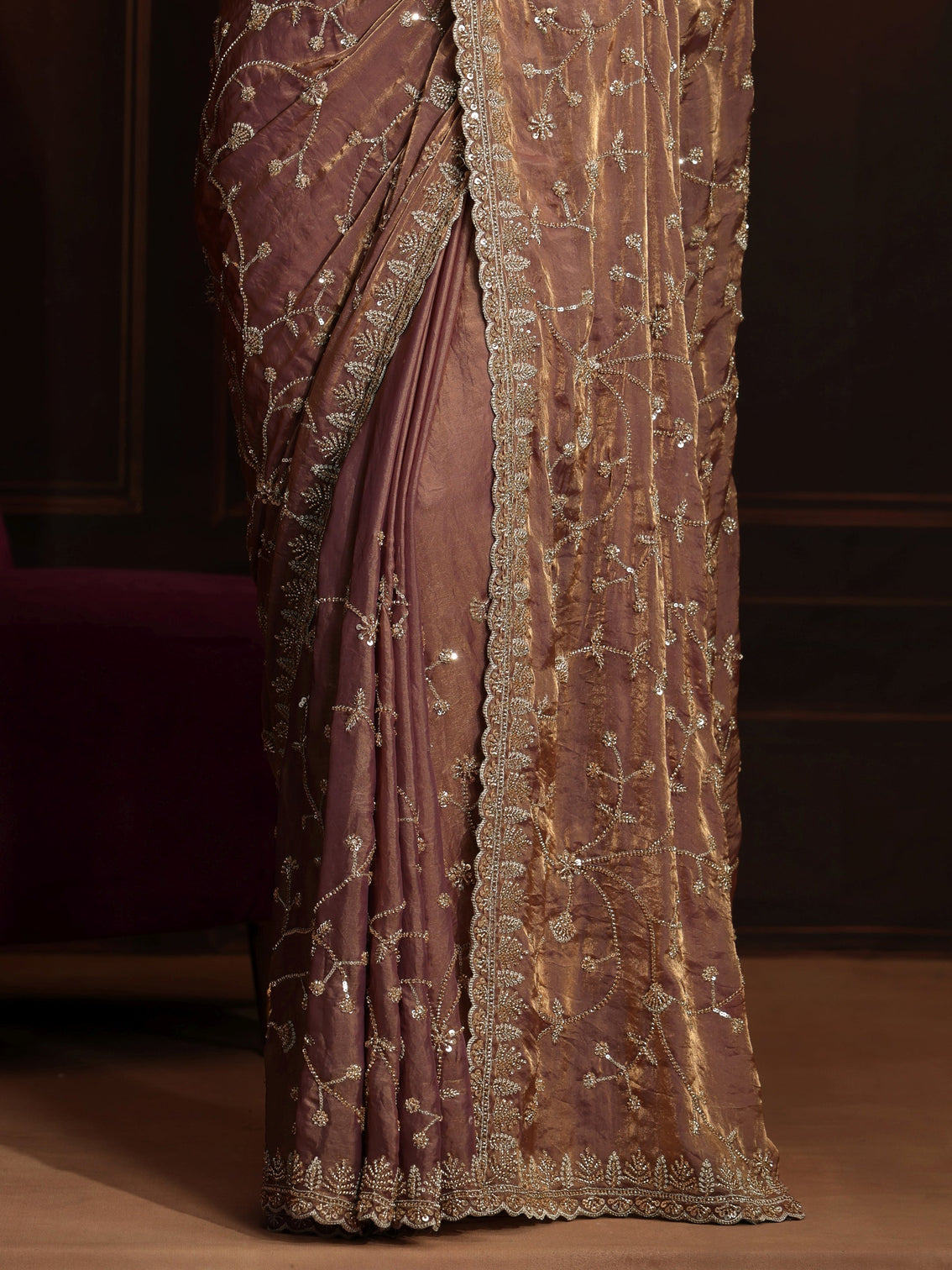 Mameraa Art Mauve Floral Embellished Tissue Saree