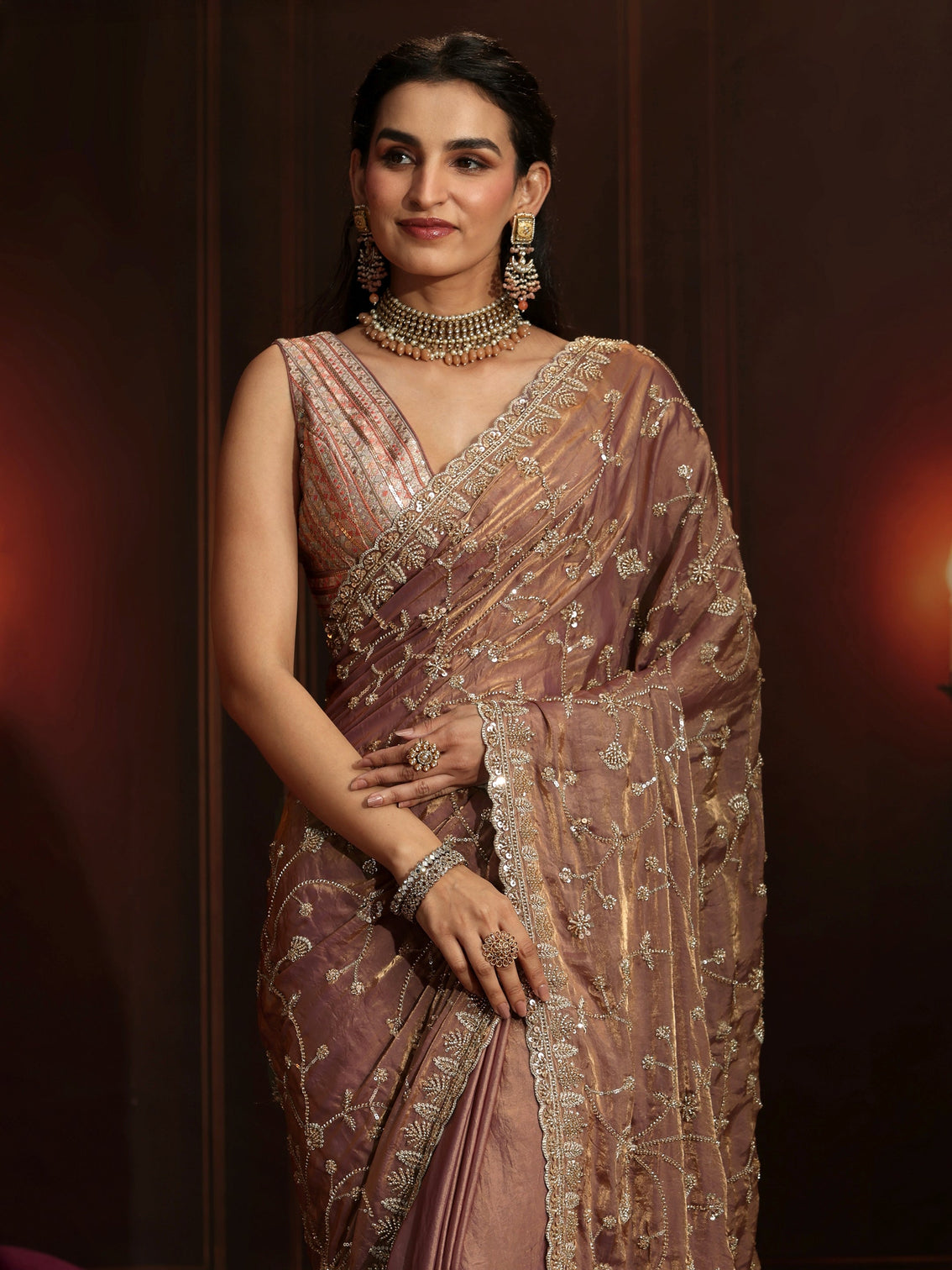 Mameraa Art Mauve Floral Embellished Tissue Saree