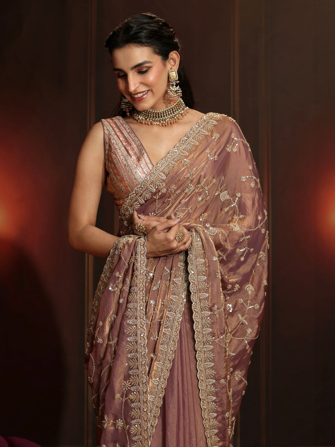 Mameraa Art Mauve Floral Embellished Tissue Saree