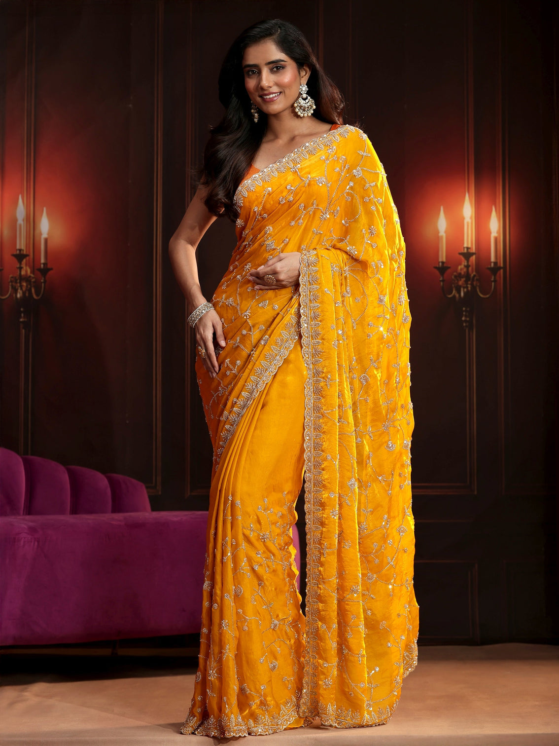 Mameraa Art Mustard Floral Embellished Tissue Saree