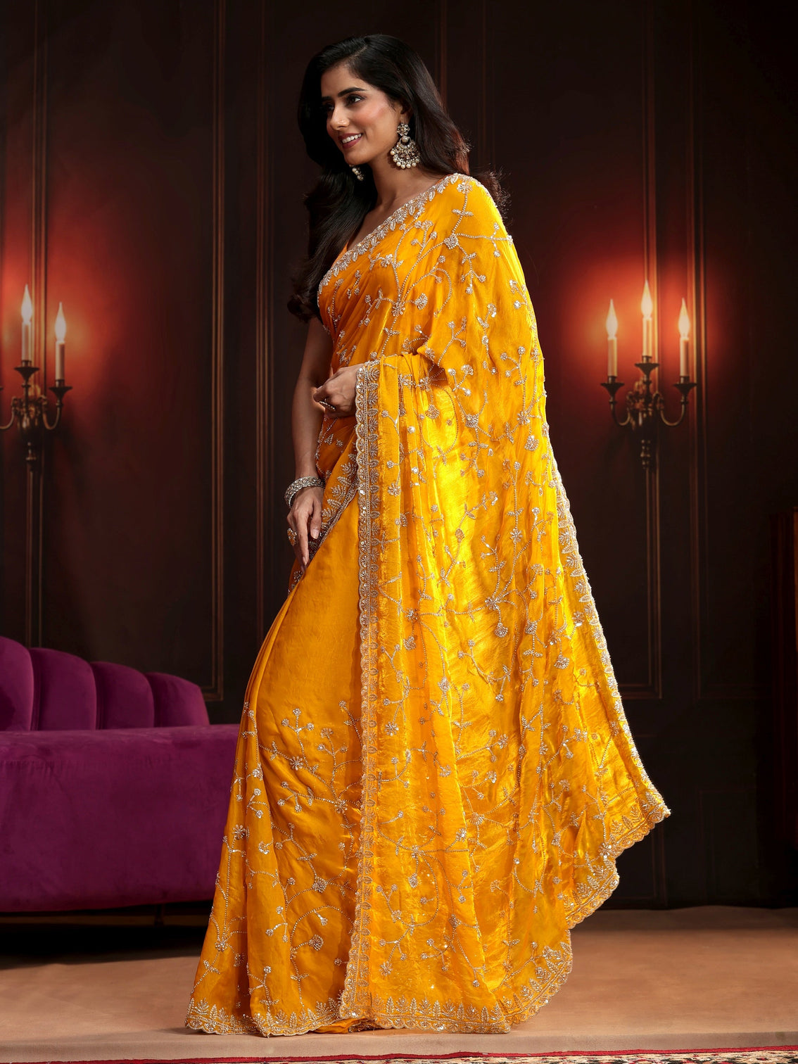 Mameraa Art Mustard Floral Embellished Tissue Saree