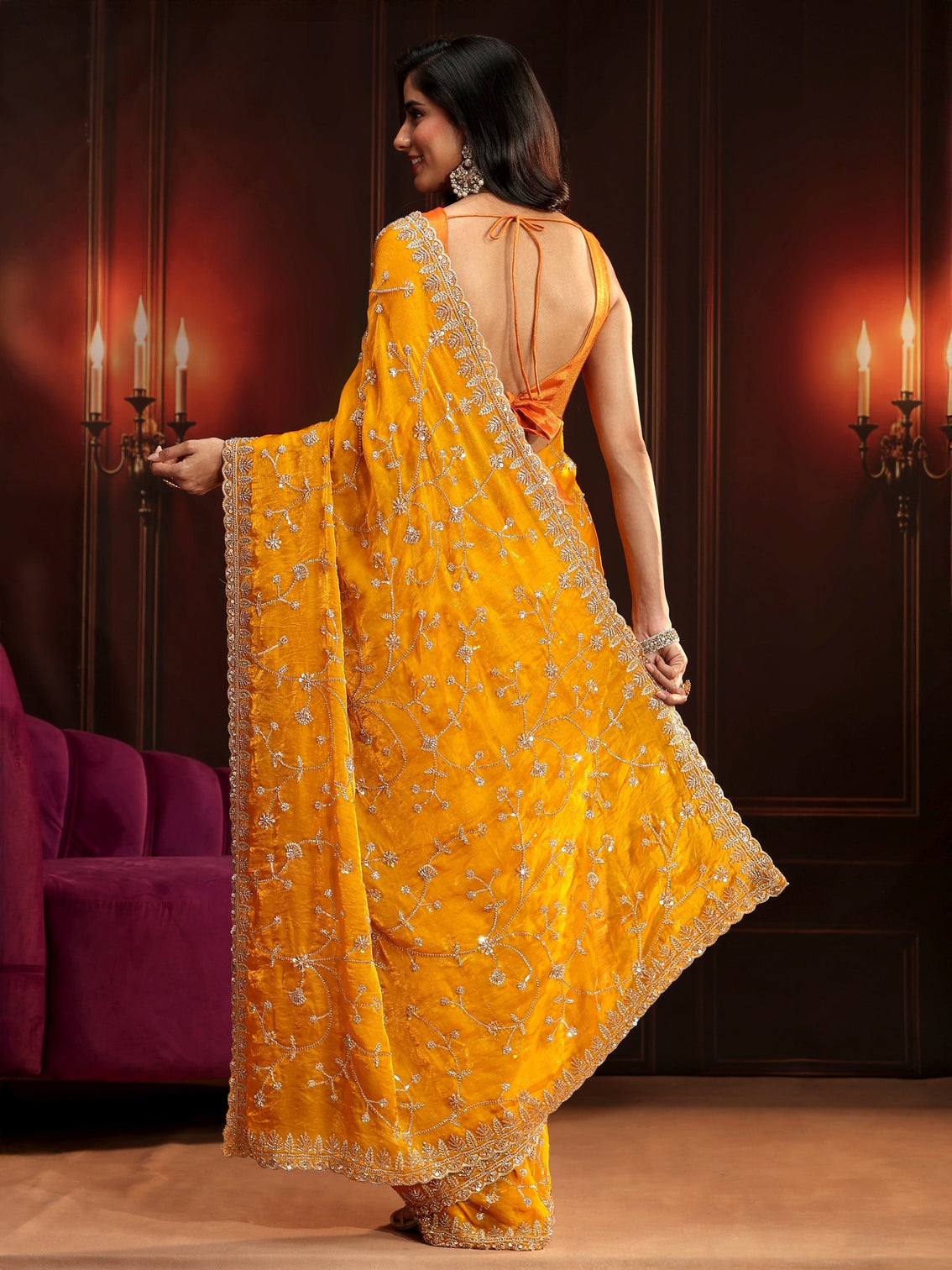 Mameraa Art Mustard Floral Embellished Tissue Saree