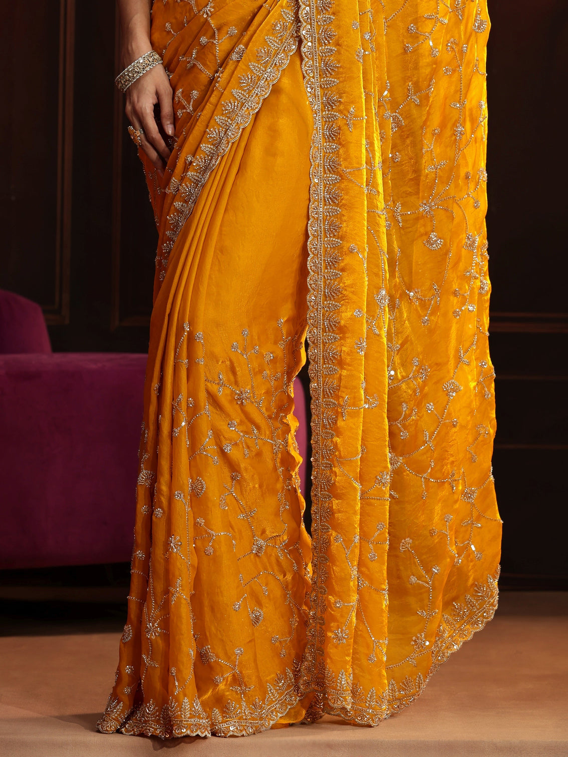 Mameraa Art Mustard Floral Embellished Tissue Saree