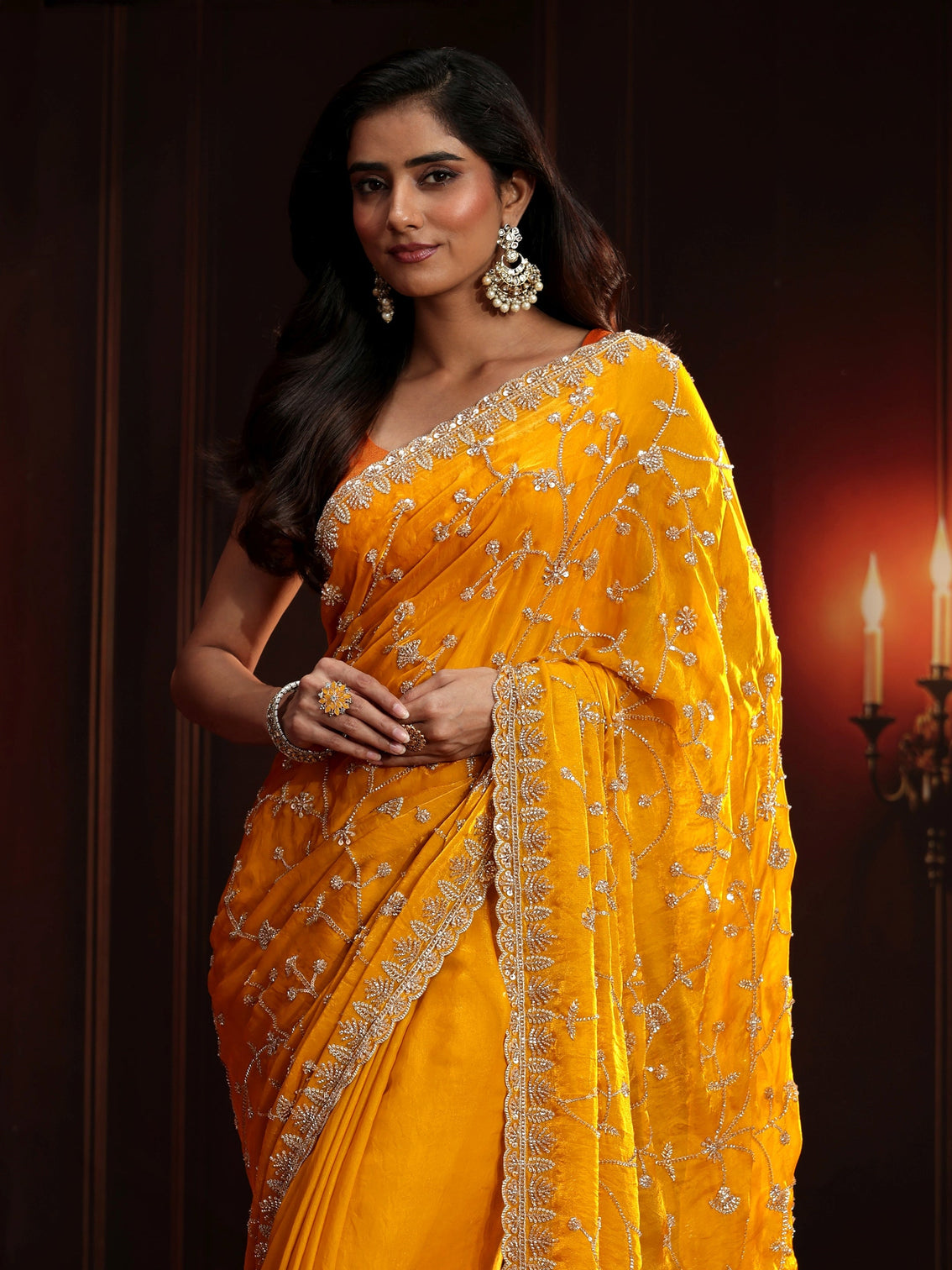 Mameraa Art Mustard Floral Embellished Tissue Saree