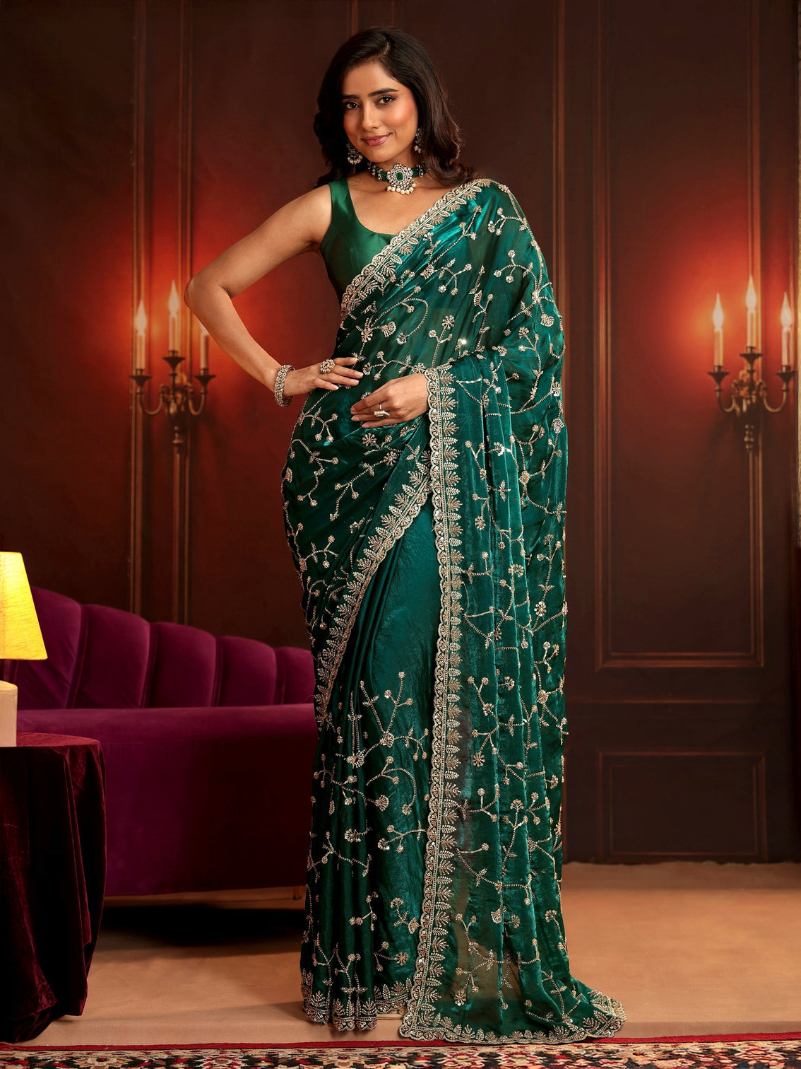 Mameraa Art Teal Green Floral Embellished Tissue Saree