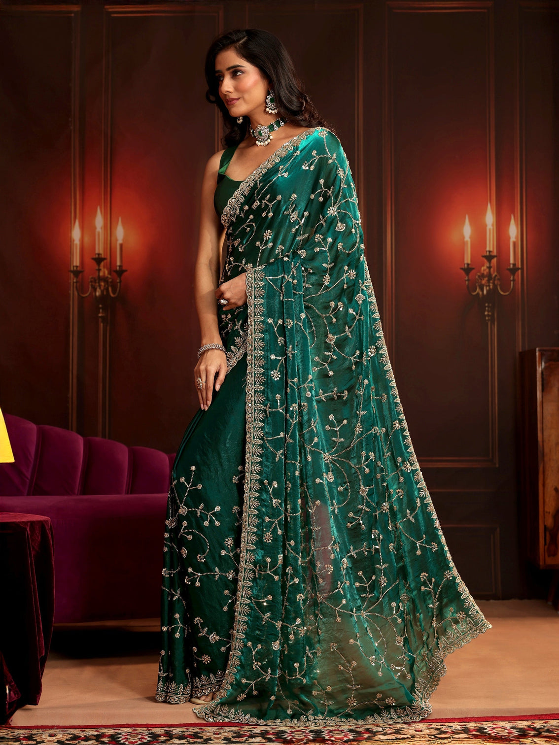 Mameraa Art Teal Green Floral Embellished Tissue Saree