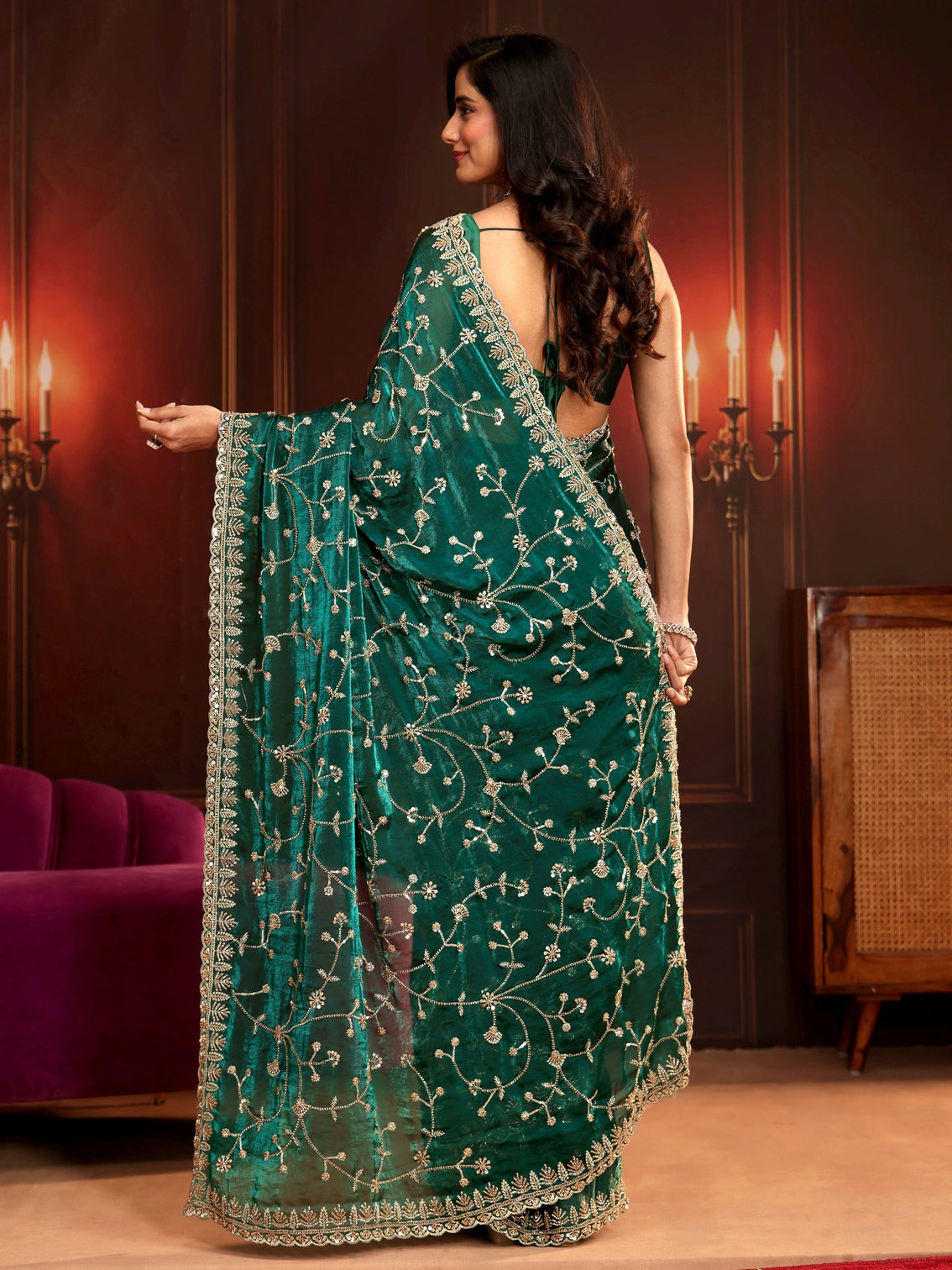 Mameraa Art Teal Green Floral Embellished Tissue Saree